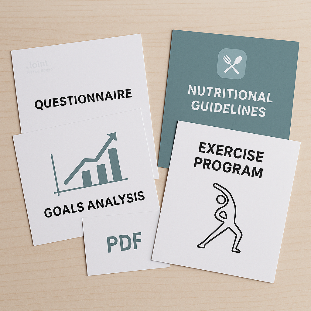 "Začetni paket programa: vprašalnik stanja, analiza ciljev, prehranske smernice in individualni program vaj za razbremenitev sklepov
