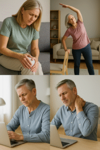 Ljudje srednjih let z bolečinami v kolenu, togostjo pri raztegu in napetostjo v vratu zaradi sedenja – tipični kandidati za program za razbremenitev sklepov in boljšo gibljivost