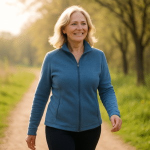 Nasmejana ženska okoli 50 let hodi sproščeno brez bolečin v sklepih, simbol rezultata programa MehanikSklepov